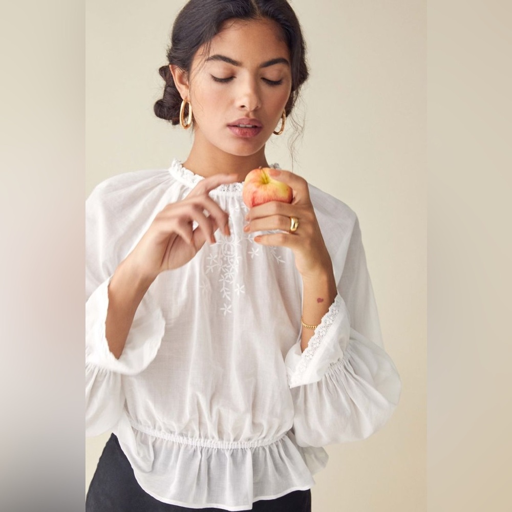 Reformation White Embroidered Peasant Blouse